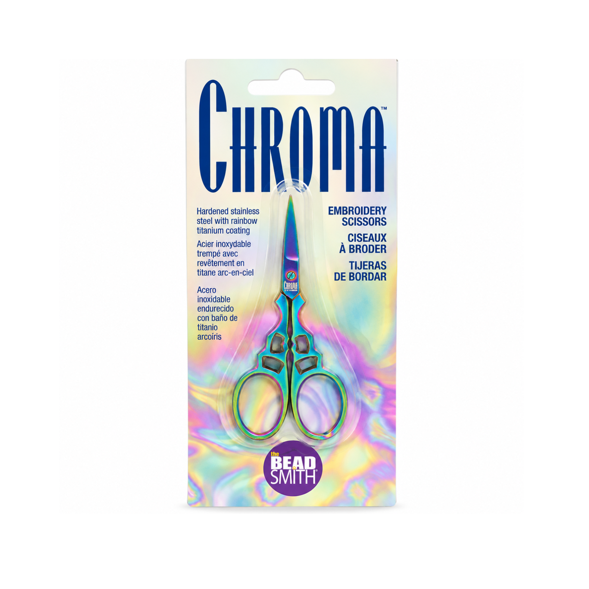 The Beadsmith Chroma Series 3.5-inch embroidery scissors in original retail packaging with colourful rainbow titanium finish