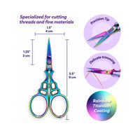 Chroma Series embroidery scissors measuring 3.5 inches long with precision pointed blades, rainbow titanium coating and fine thread-trimming features