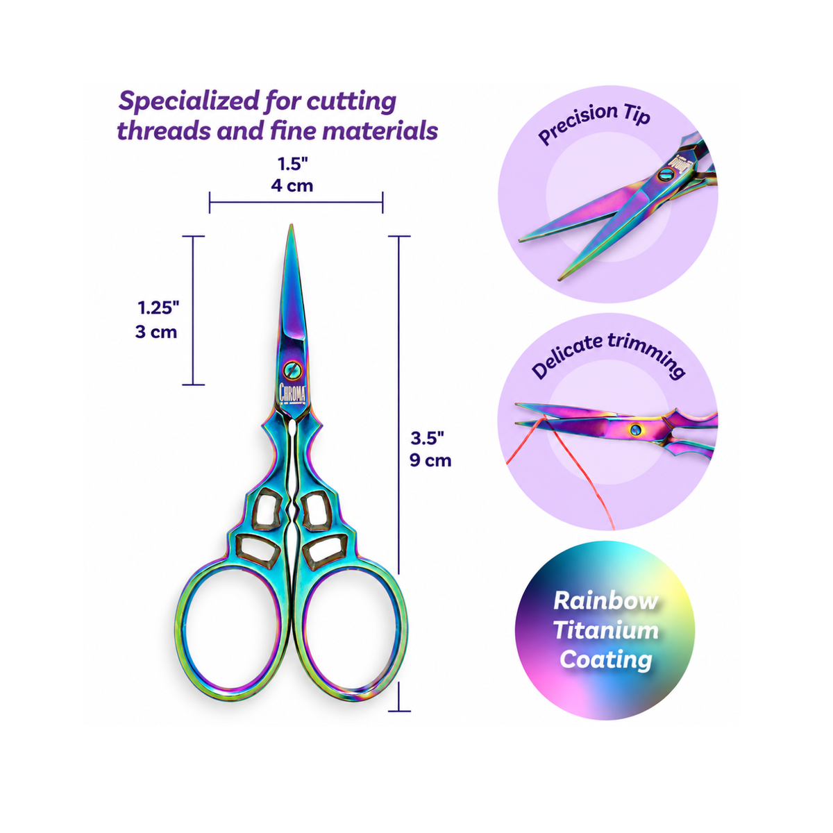 Chroma Series embroidery scissors measuring 3.5 inches long with precision pointed blades, rainbow titanium coating and fine thread-trimming features