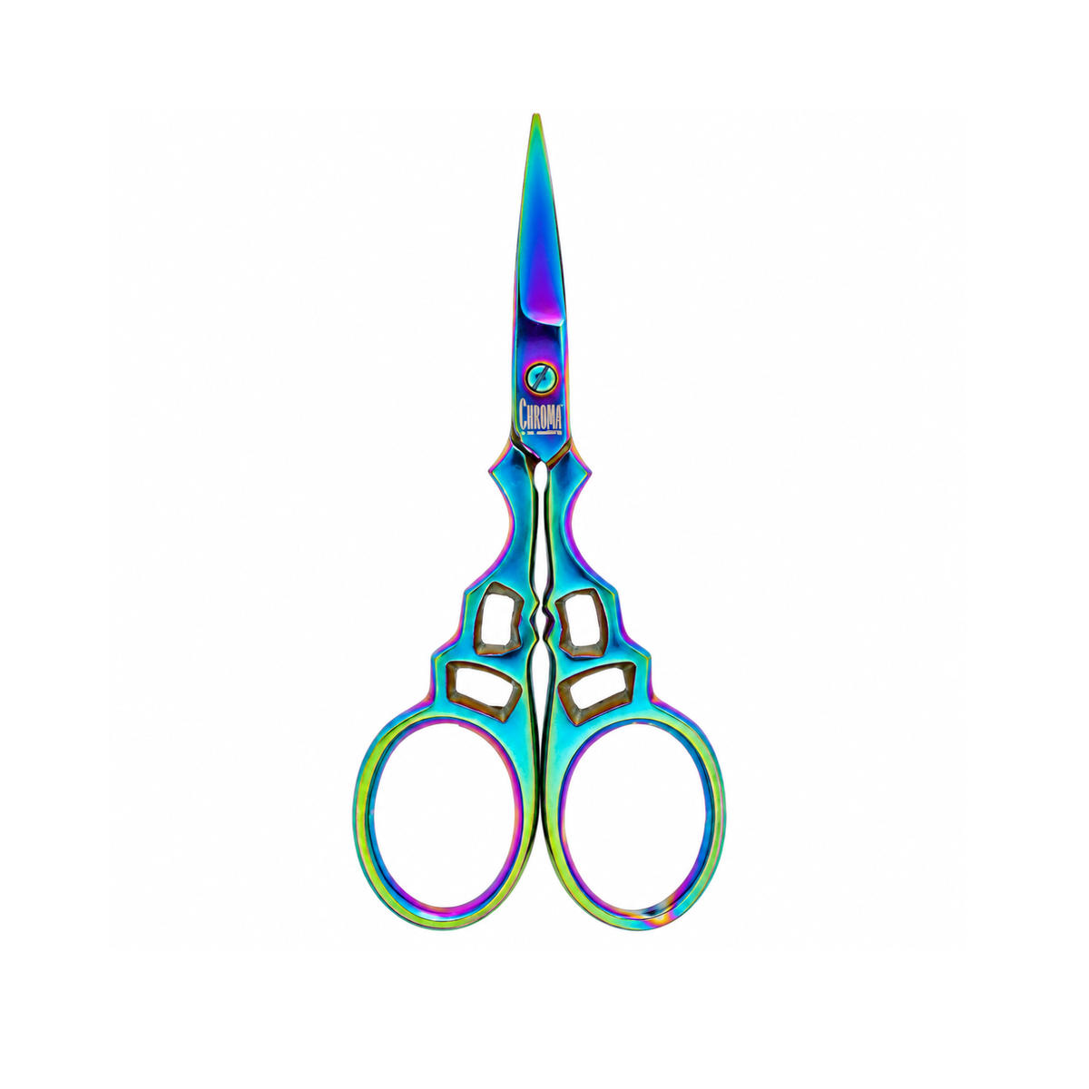Chroma Series 3.5-inch embroidery scissors by The Beadsmith with rainbow titanium-coated stainless steel blades and decorative handles on a white background