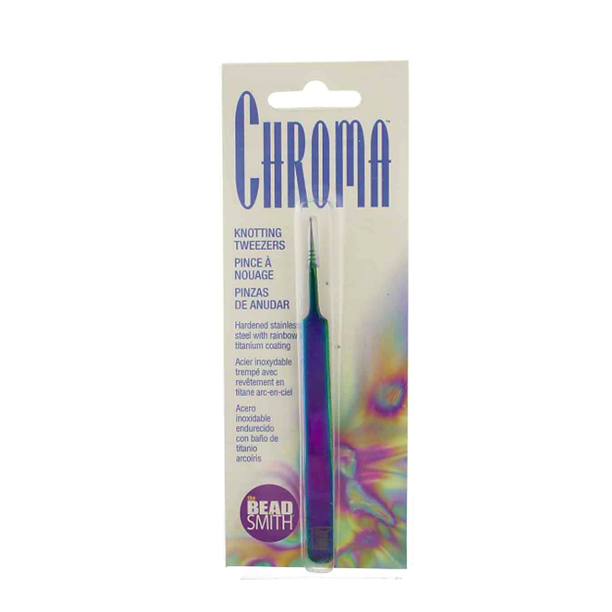 The Beadsmith Chroma Series Fine Point #5 Knotting Tweezers in original retail packaging with rainbow titanium coating