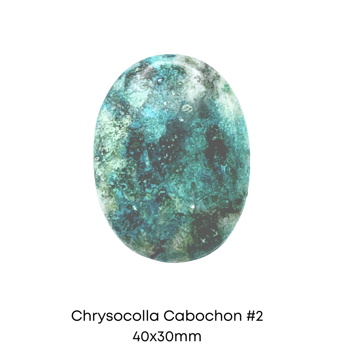 Chrysocolla cabochon stone with dimensions 40x30mm on a white background