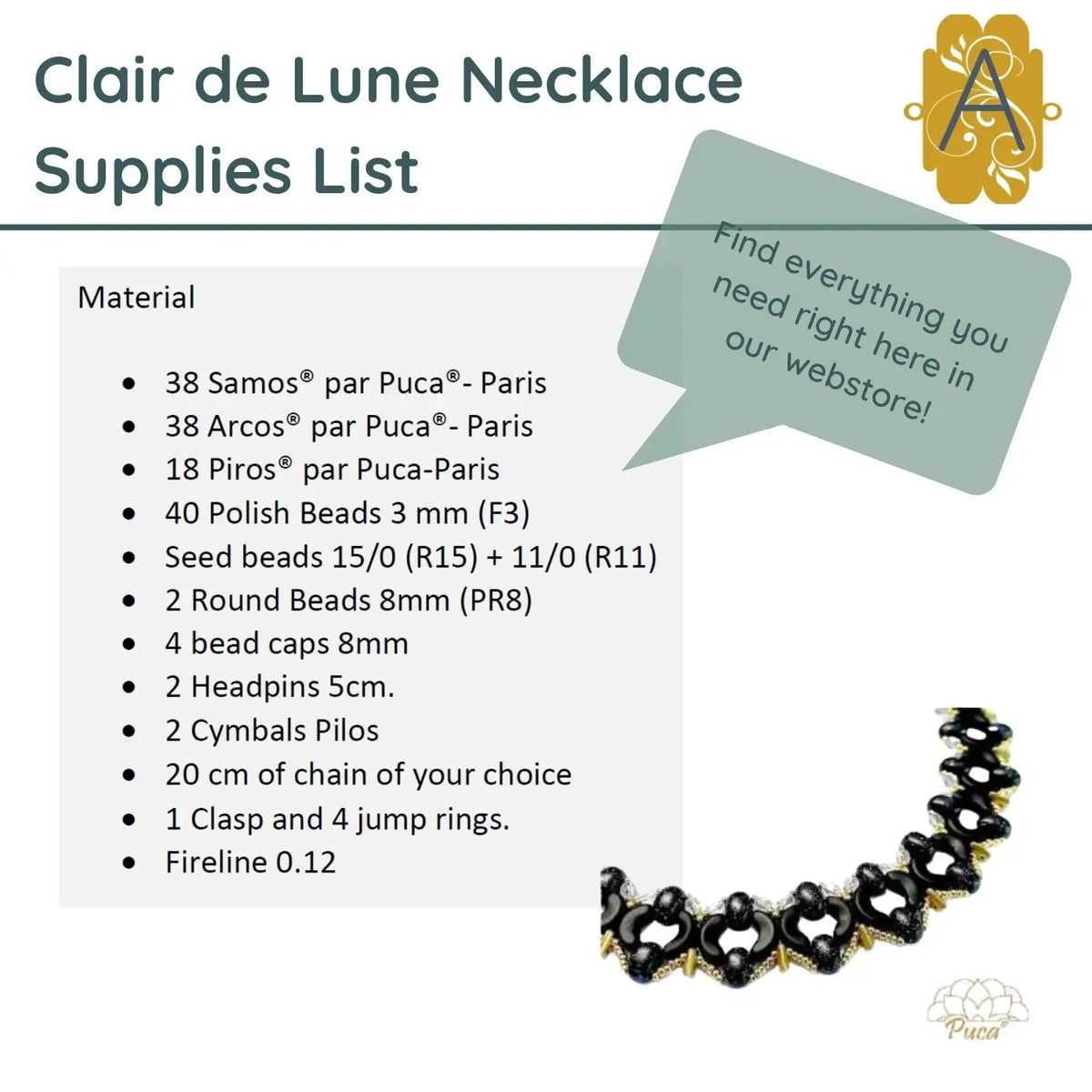 Supplies list for Clair de Lune Necklace with material details and a necklace image on a white background.