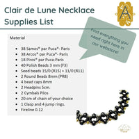Supplies list for Clair de Lune Necklace with material details and a necklace image on a white background.