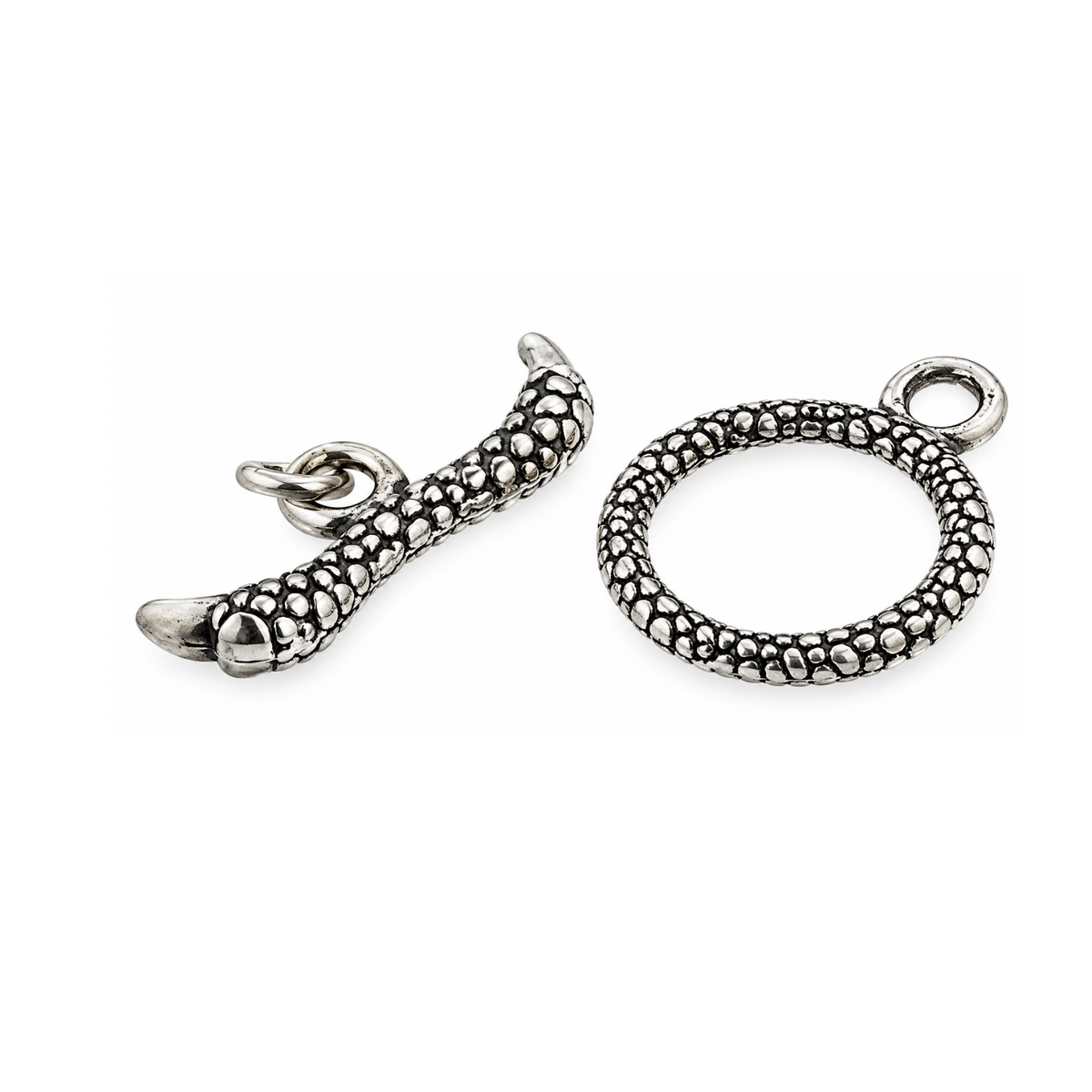 1. Antique Silver Claw Toggle Clasp shown from an alternate angle with textured ring and toggle bar