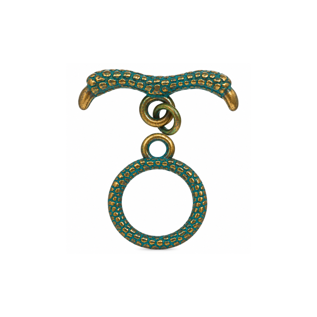 Claw Toggle Clasp in Patina finish with blue-green and brass tones, textured round ring and curved toggle bar