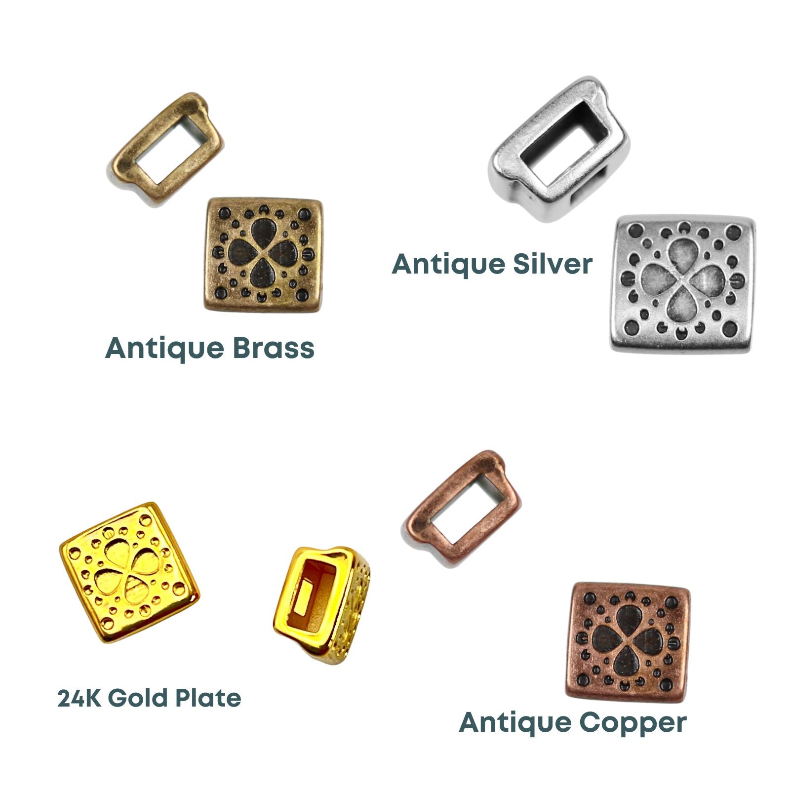 Clover Square Sliders for Leather or Cork, 5mm, 2 pcs & 10 pcs