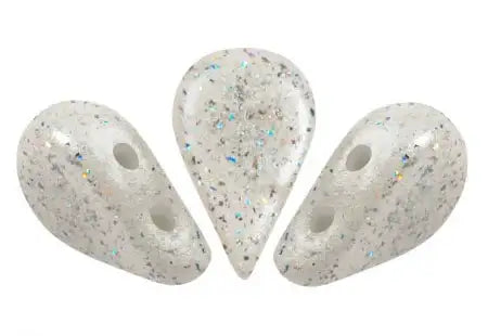 Three white pear-shaped soft fishing lures with silver glitter and two holes each