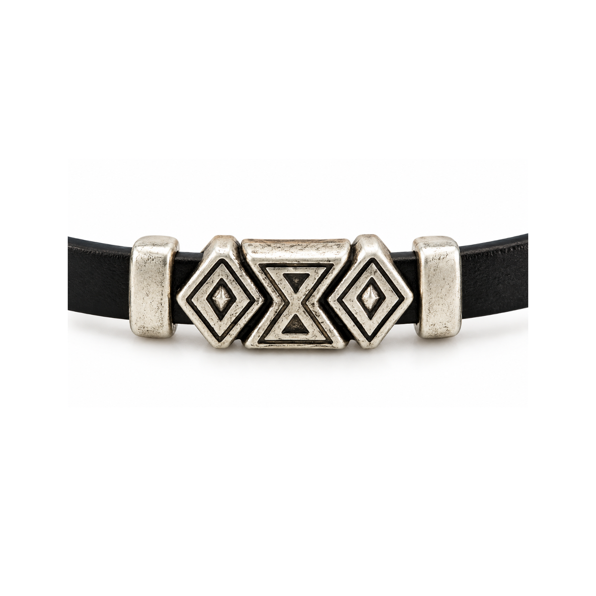 Example black leather bracelet with 10mm Crimp Bar Sliders securing decorative metal sliders
