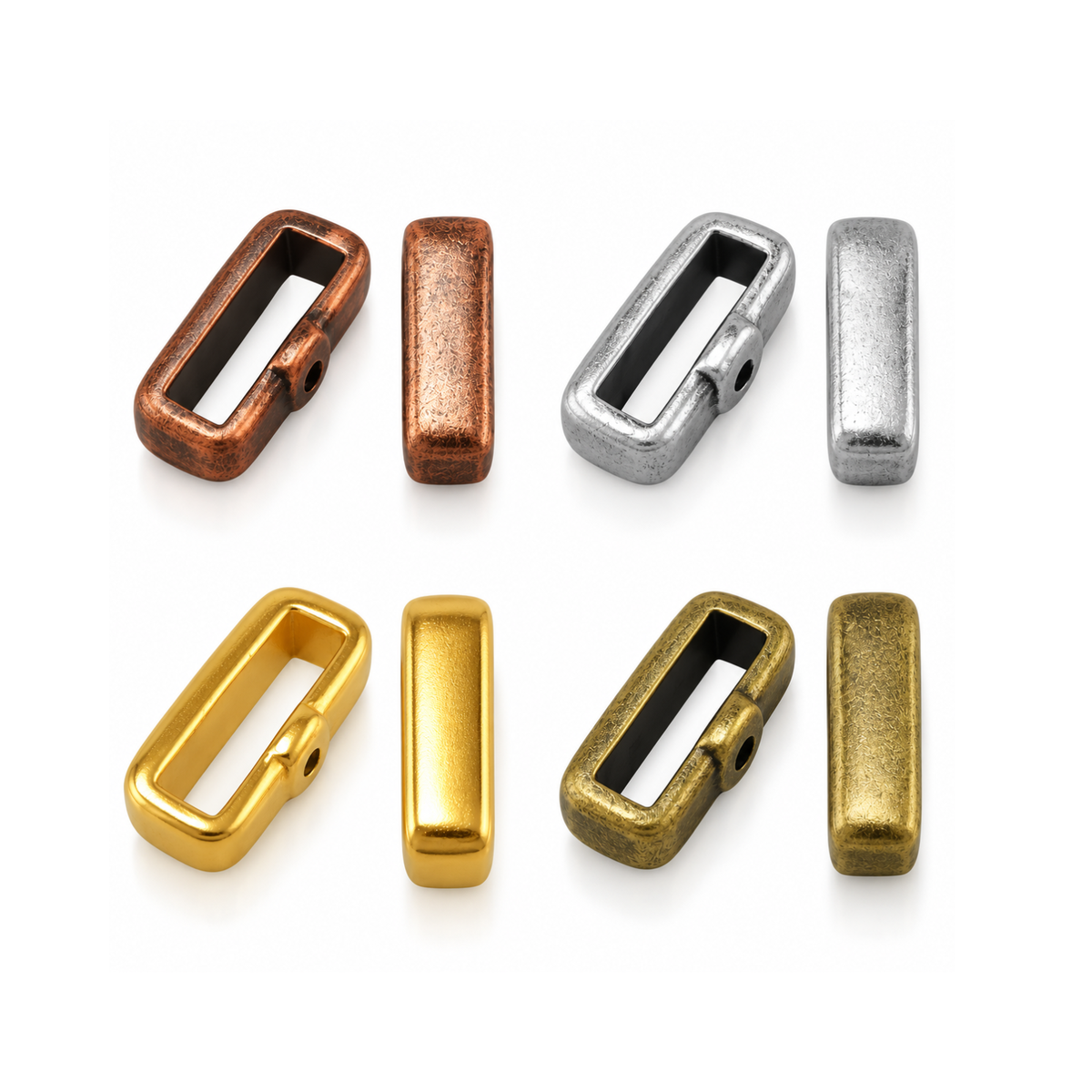10mm Crimp Bar Sliders for flat leather or cork in Antique Copper, Antique Silver, Antique Brass and Shiny Gold