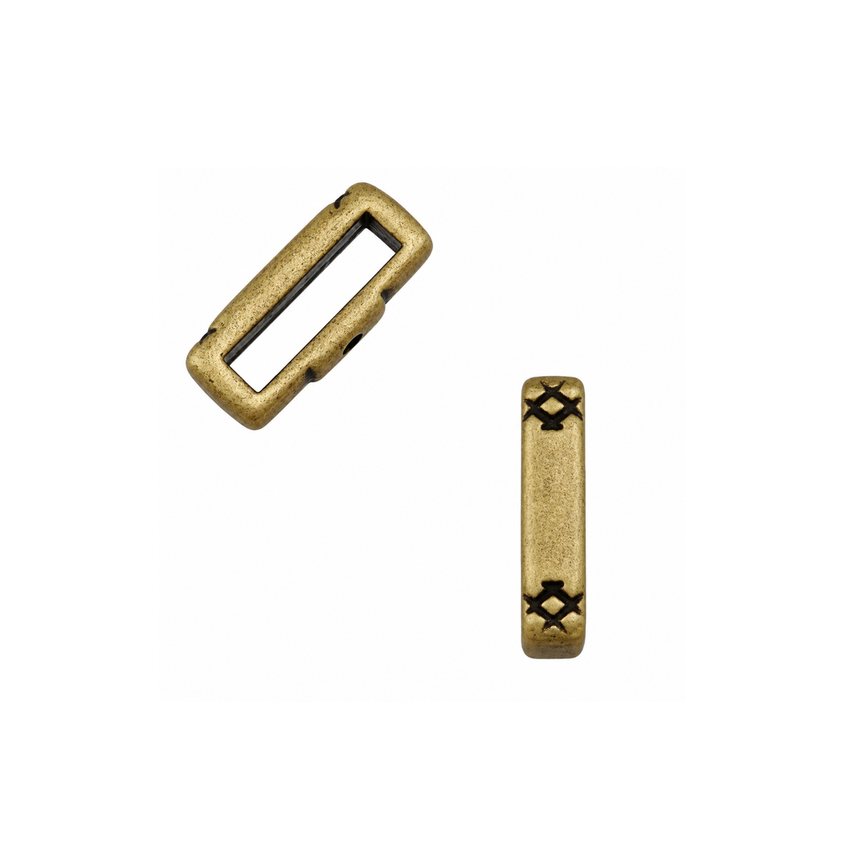 Antique Brass Cross Hatch 10mm crimpable flat leather slider shown from front and side views