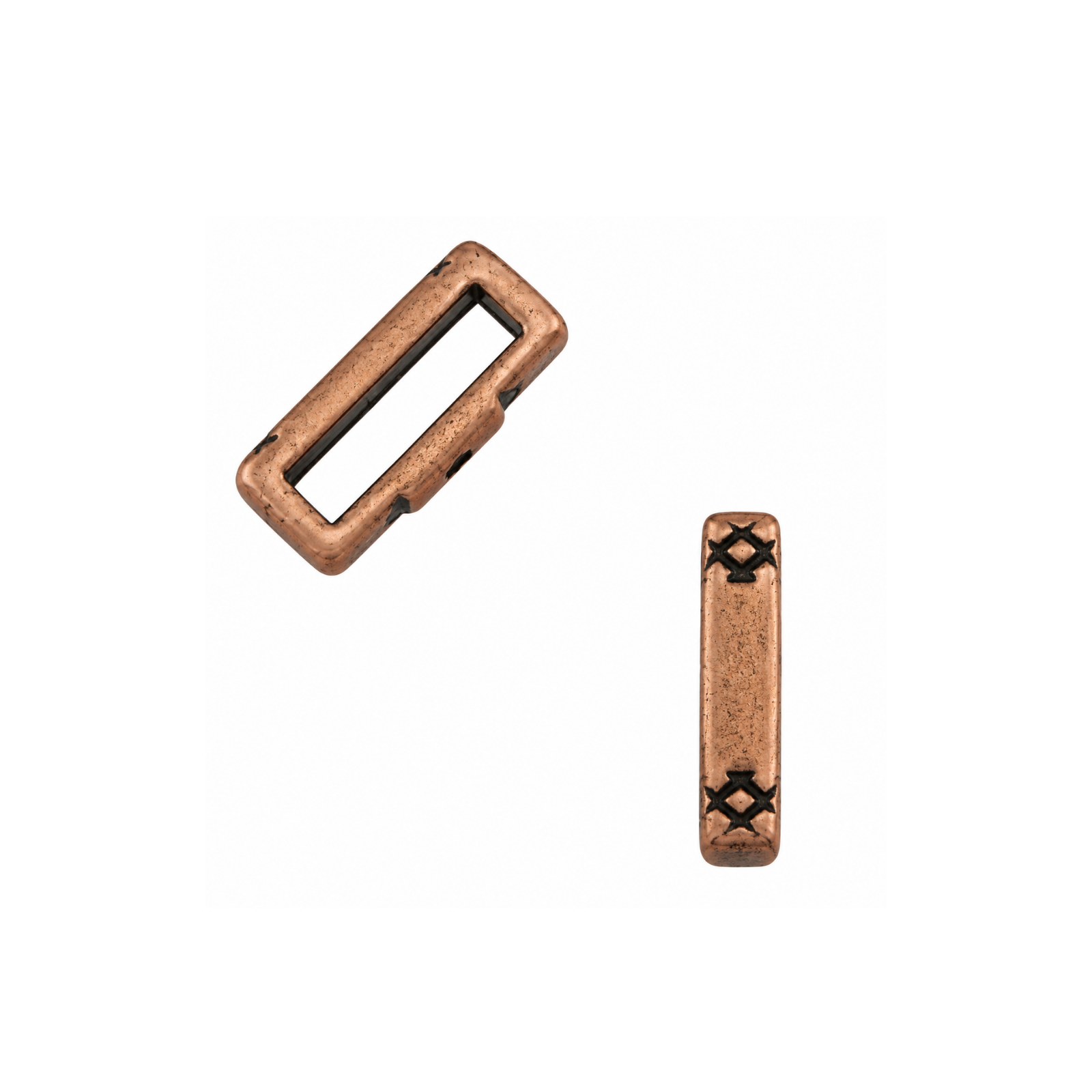 Antique Copper  Cross Hatch 10mm crimpable flat leather slider shown from front and side views