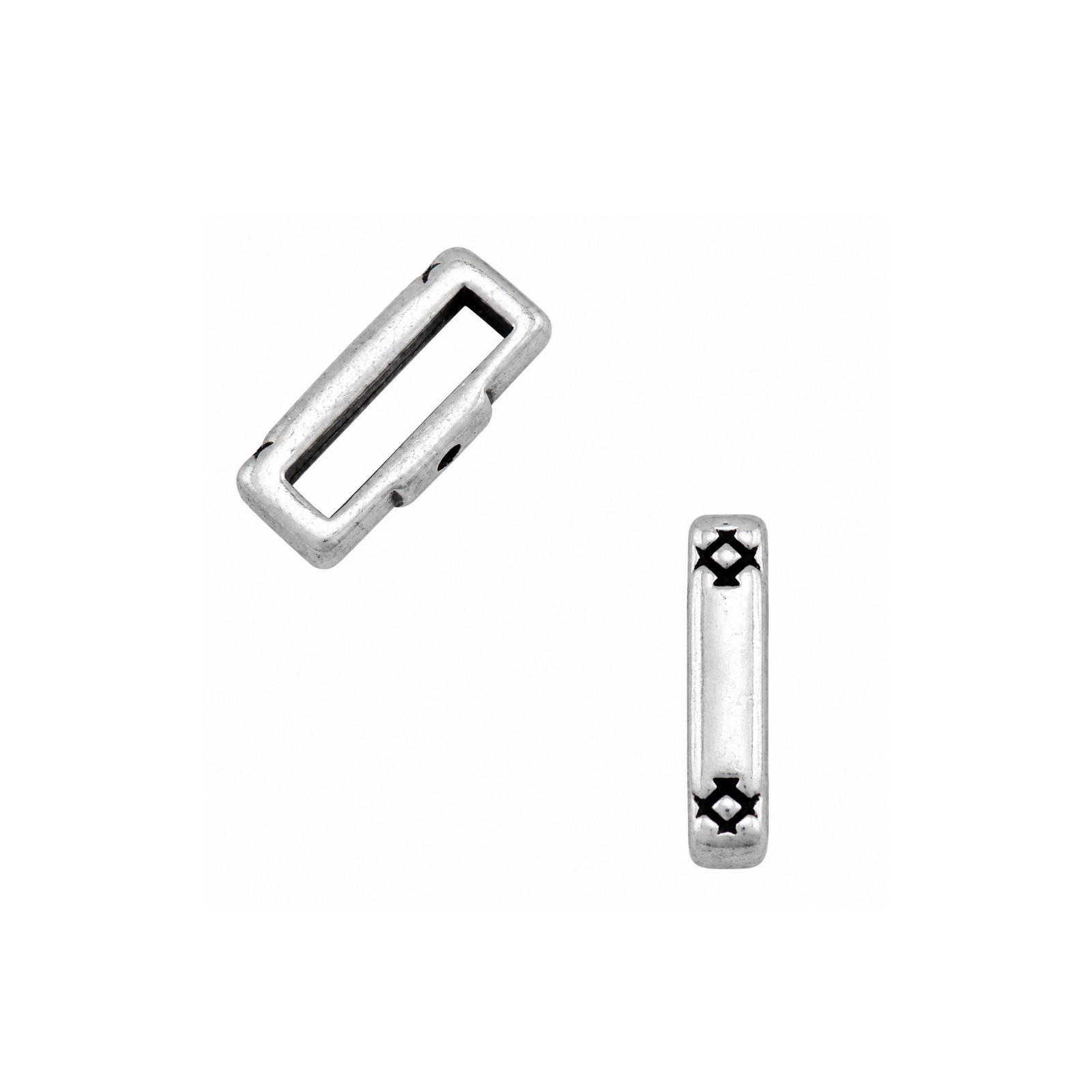 Antique Silver Cross Hatch 10mm crimpable flat leather slider shown from front and side views