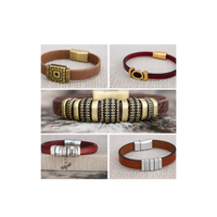 A collage of five close-up product photos showing leather bracelets with decorative metal clasp and band details on a light neutral background.