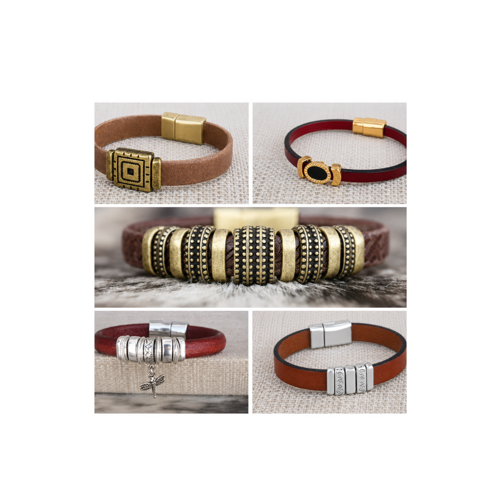 A collage of five close-up product photos showing leather bracelets with decorative metal clasp and band details on a light neutral background.