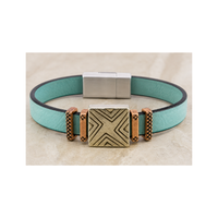 Turquoise 10mm flat leather bracelet with Cross Hatch crimpable sliders and square focal slider