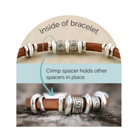 Close-up of a brown leather bracelet with silver spacer beads, showing the inside view with text labels explaining crimp spacers.