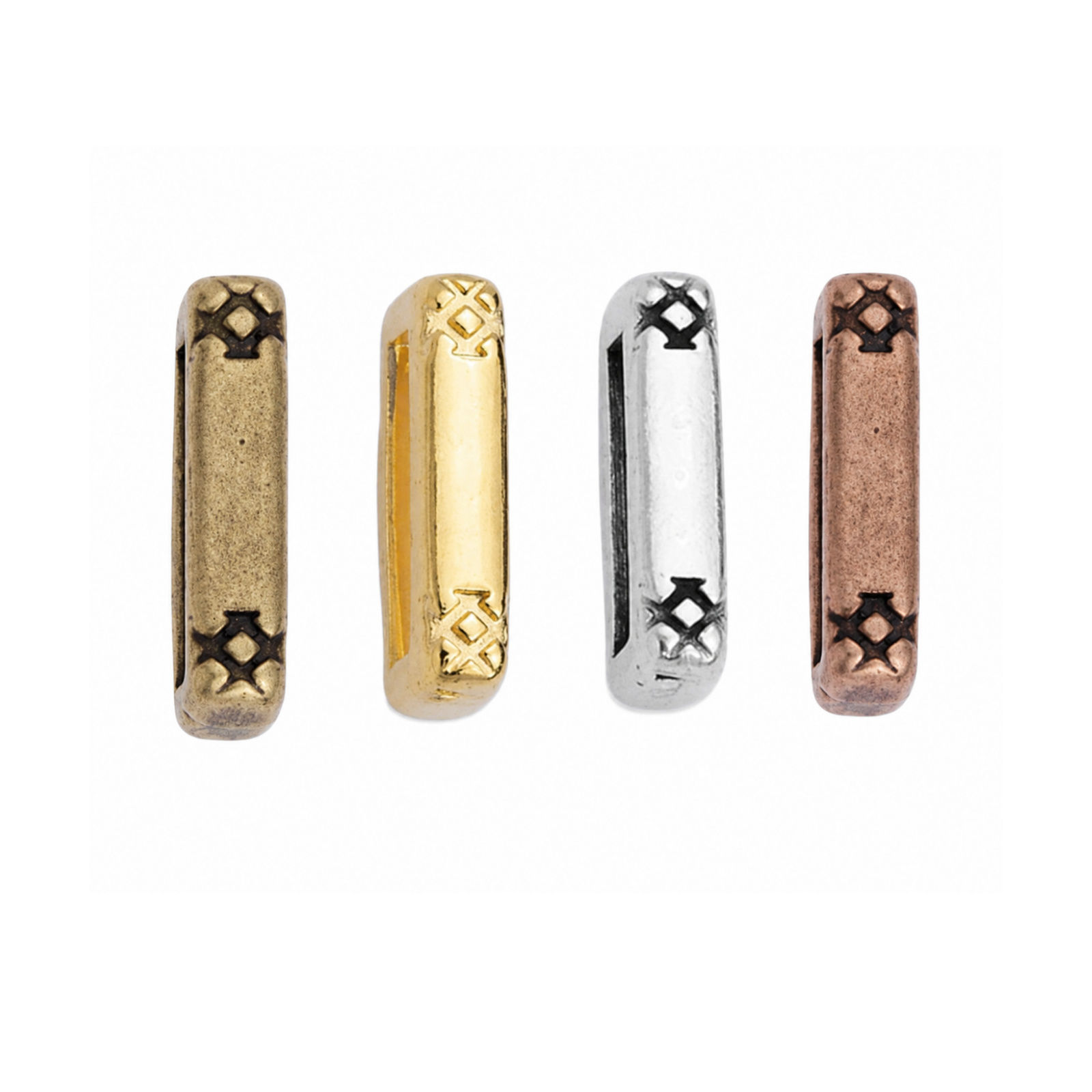 Cross Hatch 10mm crimpable flat leather sliders in Antique Brass, Gold, Silver and Antique Copper
