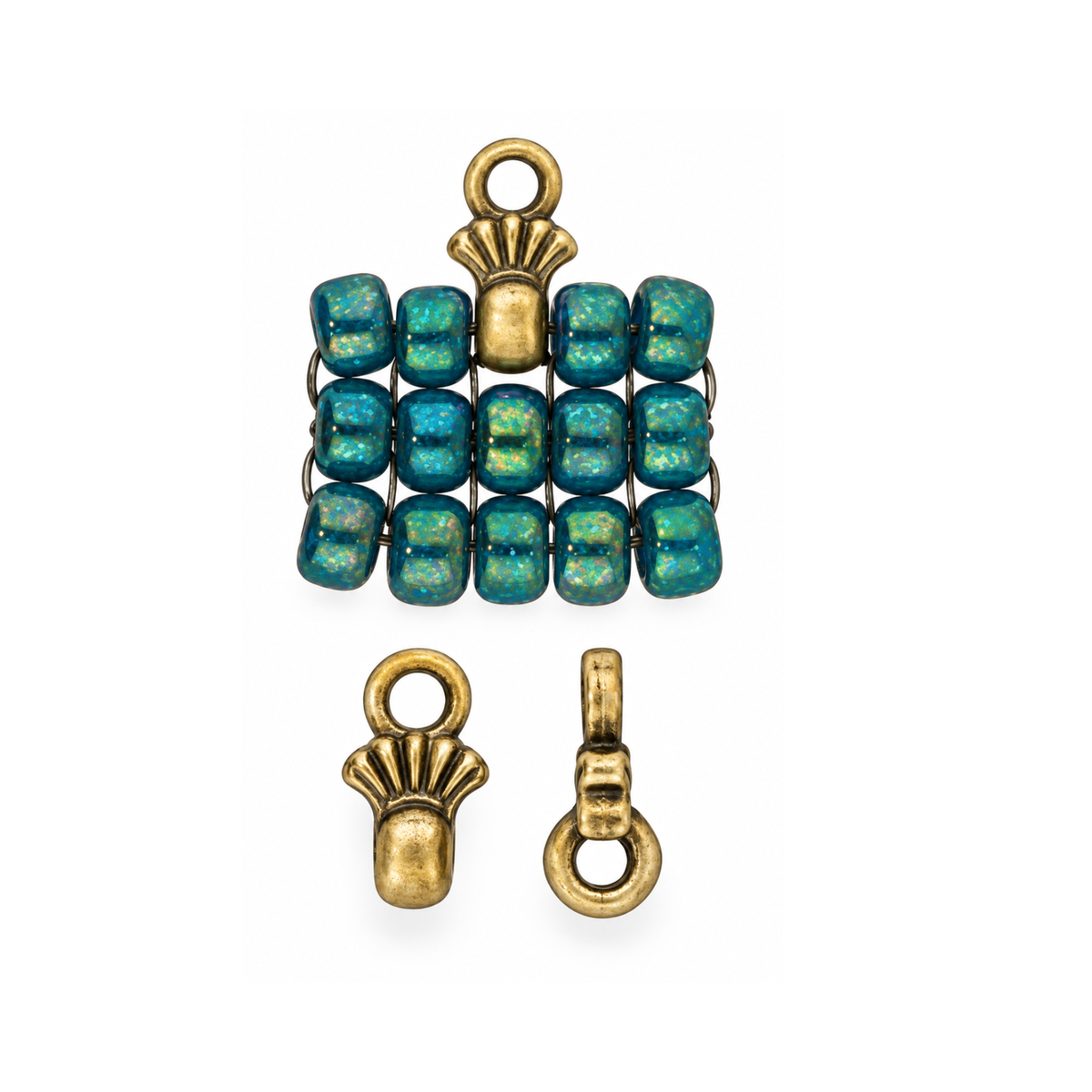 Cymbal Pilos 8/0 bead ending in Antique Brass Plate, shown with teal seed beadwork and front and side views of the decorative metal connector.