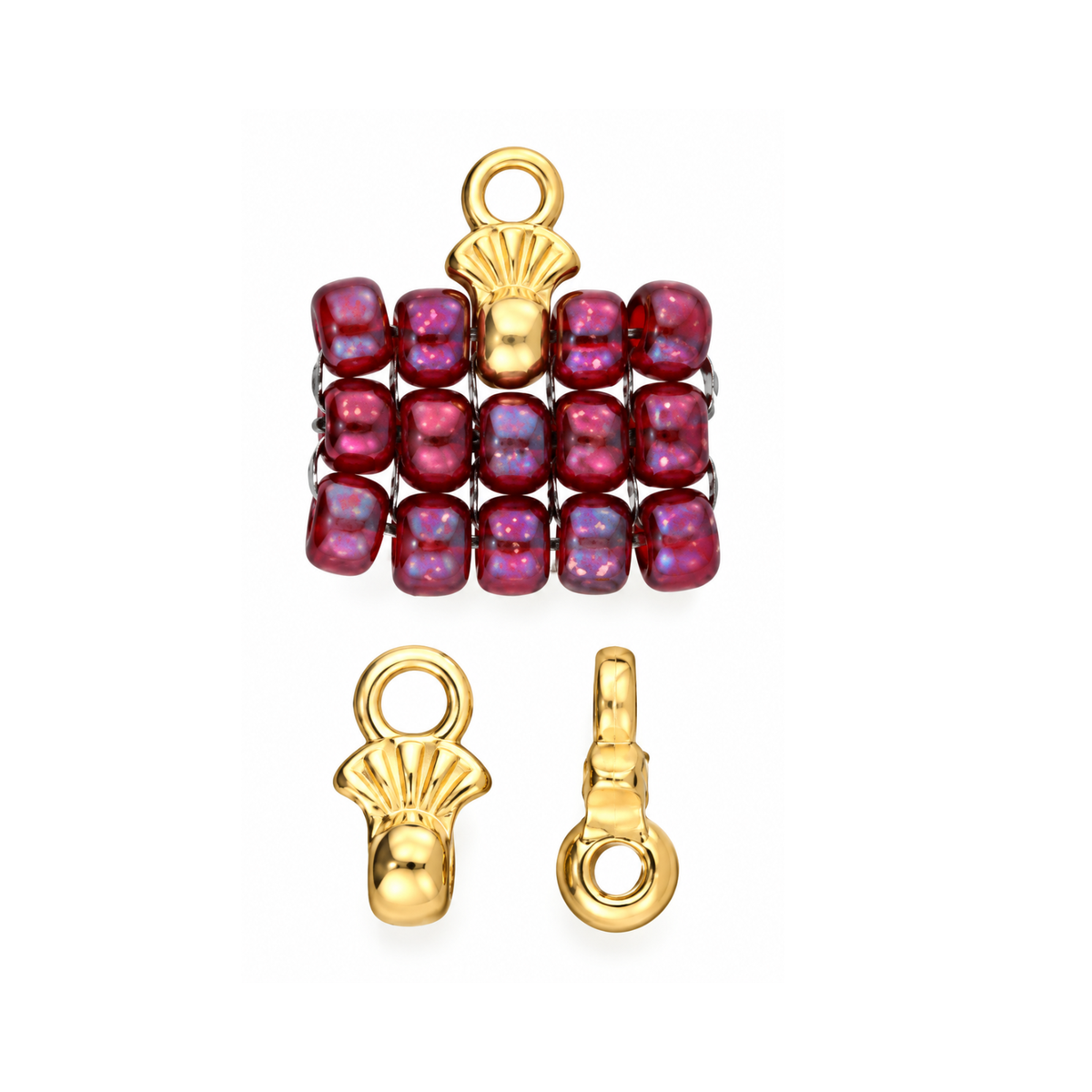 Cymbal Pilos 8/0 bead ending in 24K Gold Plate, shown with burgundy seed beadwork and detailed front and side views of the connector.