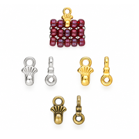 Cymbal Pilos 8/0 seed bead ending connectors in Antique Silver, 24K Gold and Antique Brass finishes, with decorative fan design and beaded project example.