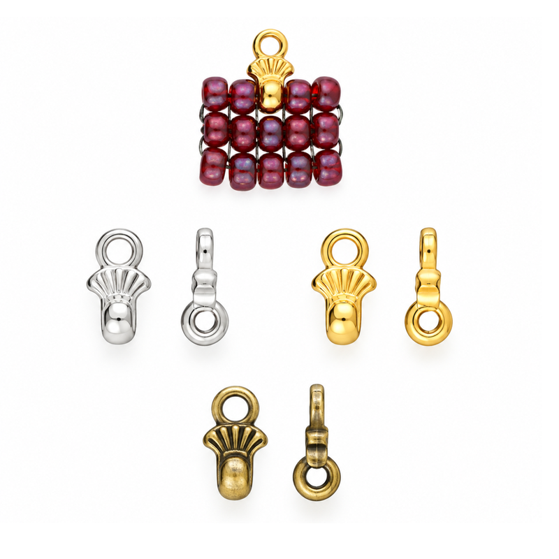 Cymbal Pilos 8/0 seed bead ending connectors in Antique Silver, 24K Gold and Antique Brass finishes, with decorative fan design and beaded project example.
