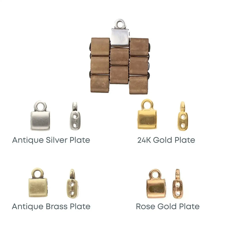 Collection of metal clasps in different finishes on a white background
