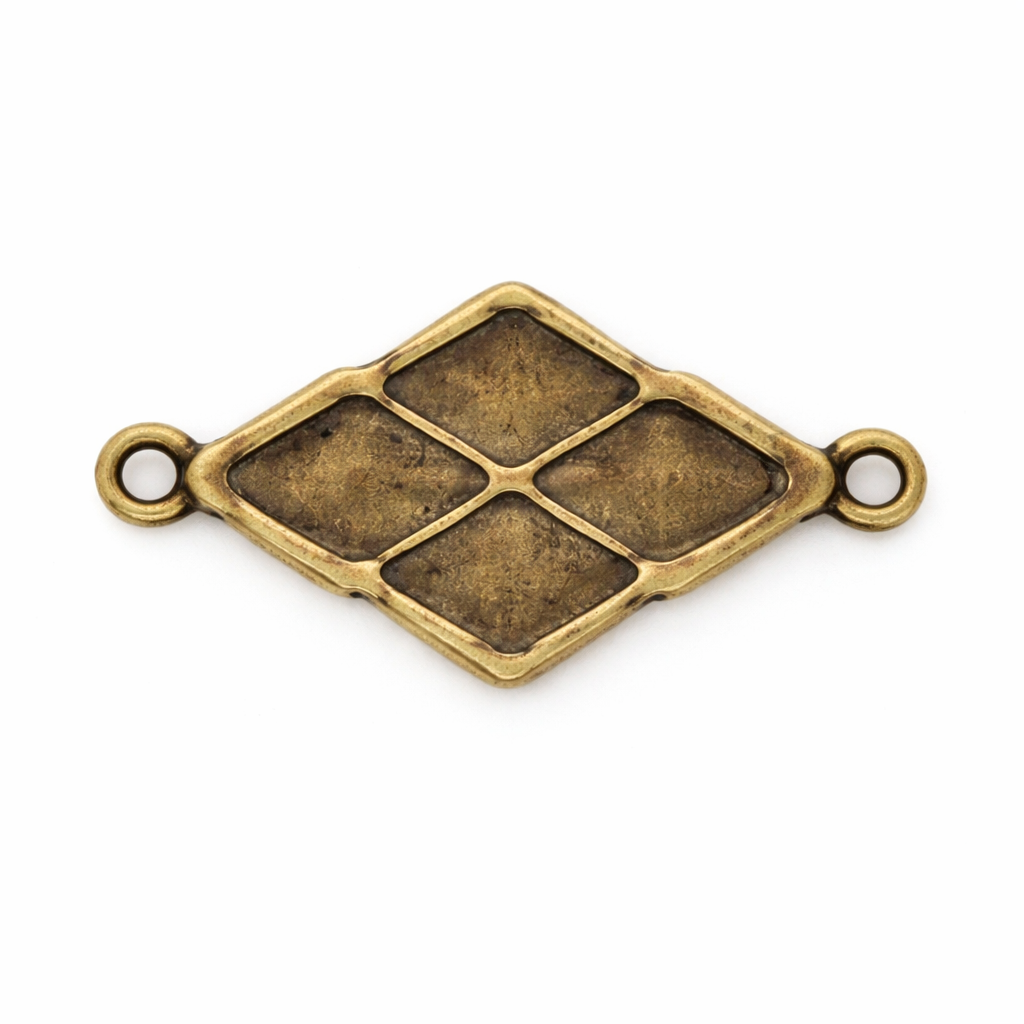 Bronze-colored jewelry connector with four square sections on a white background