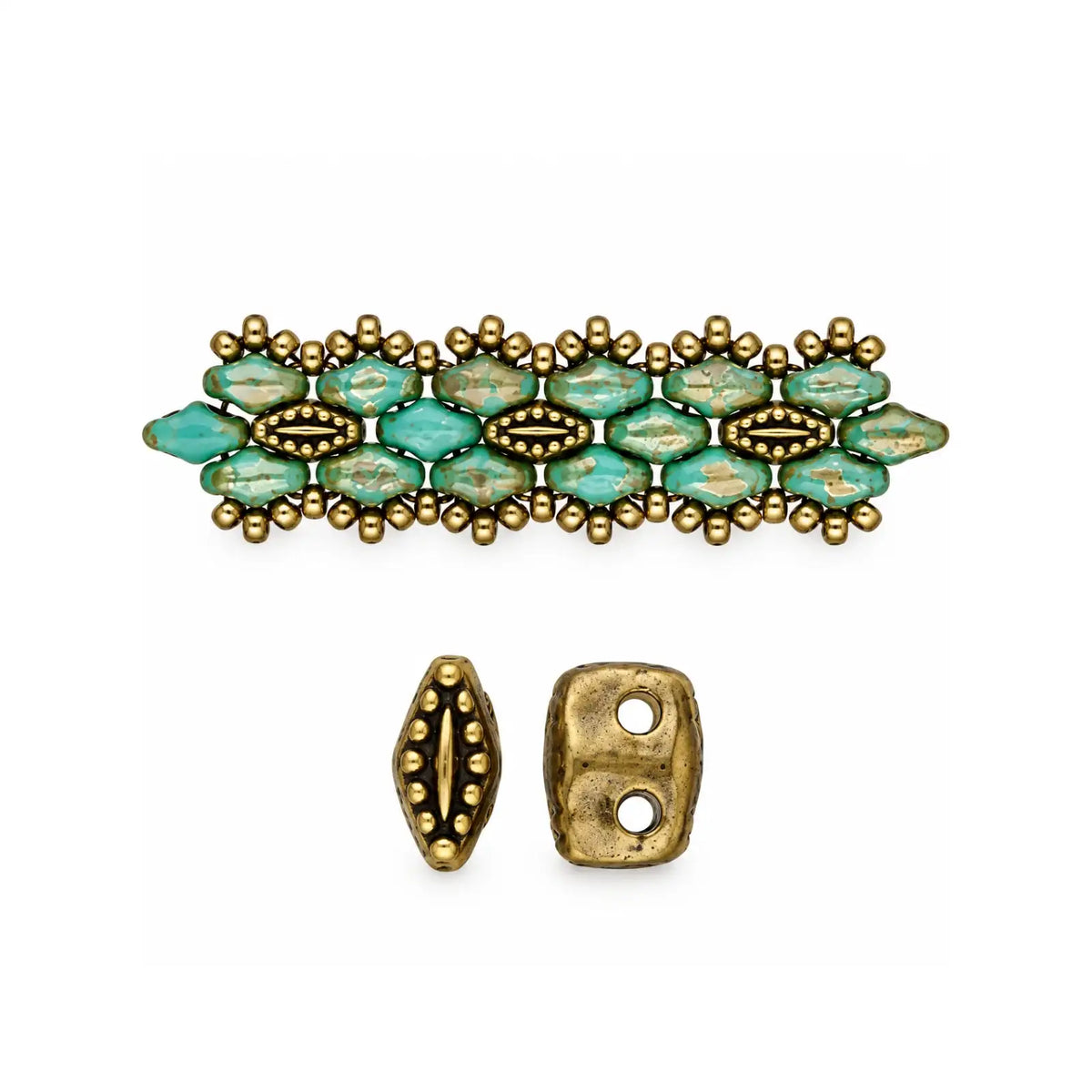 Cymbal Varidi SuperDuo bead substitute in Antique Brass Plate with beadwork example