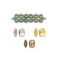 Cymbal Varidi SuperDuo bead substitutes in Antique Silver, 24K Gold and Antique Brass with beadwork example