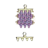 Jewelry clasp with purple beads and gold accents on a white background