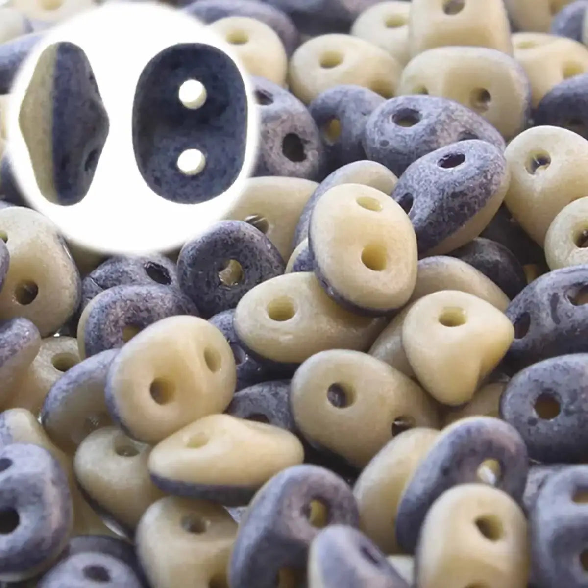 Superduo Beads, Duets Navy/Ivory Matte Lus, 10g.