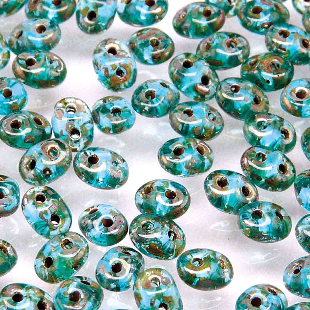 Superduo Beads, Picasso Aqua, 10g.