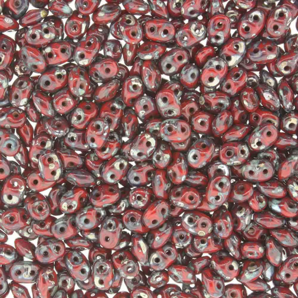 Superduo Beads, Picasso Opaque Coral Red, 10g.