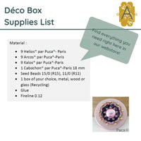 Supplies list for Déco Box with materials and a Puca product image.