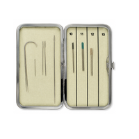 Beadsmith double-sided magnetic needle case shown open with needles organized on both sides and labelled sections for sizes 10, 11, 12 and 13