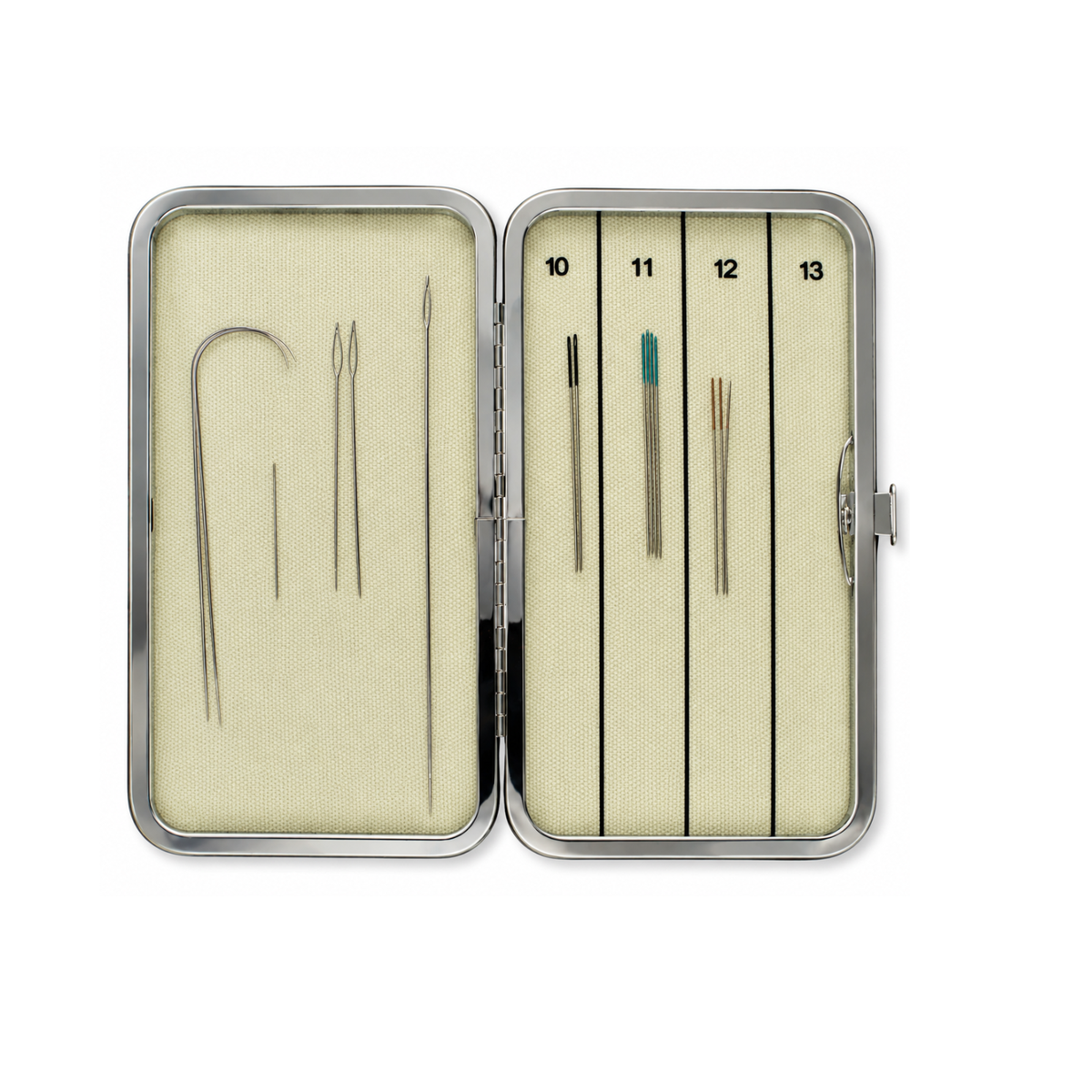 Beadsmith double-sided magnetic needle case shown open with needles organized on both sides and labelled sections for sizes 10, 11, 12 and 13