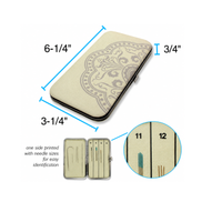 Double-sided magnetic needle case showing dimensions of 6.25 inches long, 3.25 inches wide and 0.75 inches thick, with labelled needle storage compartments