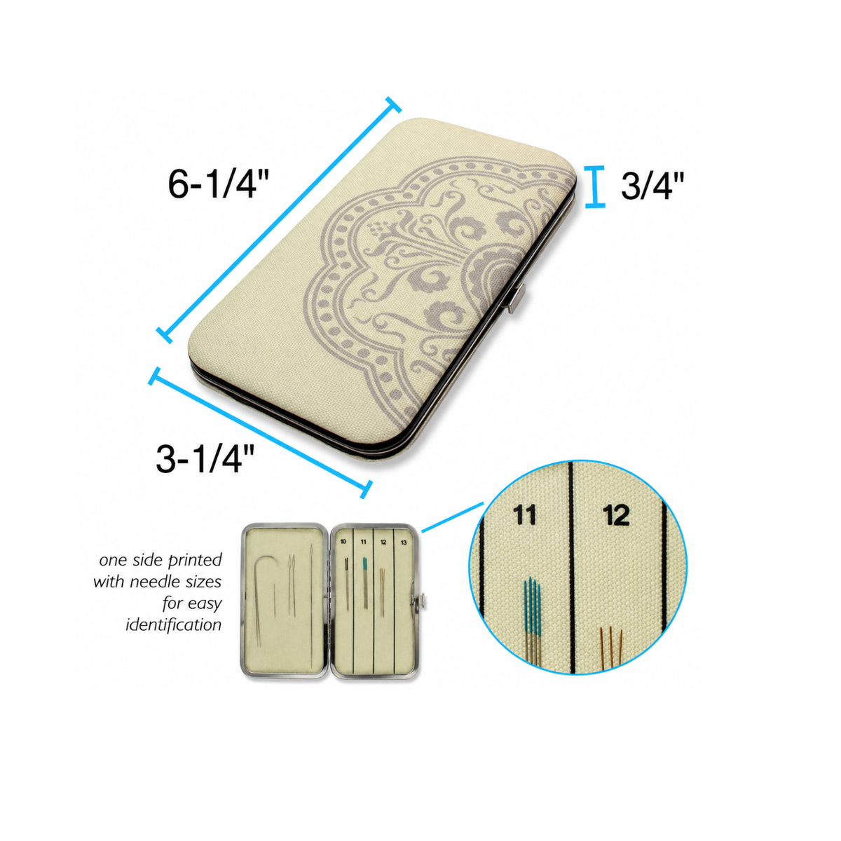 Double-sided magnetic needle case showing dimensions of 6.25 inches long, 3.25 inches wide and 0.75 inches thick, with labelled needle storage compartments