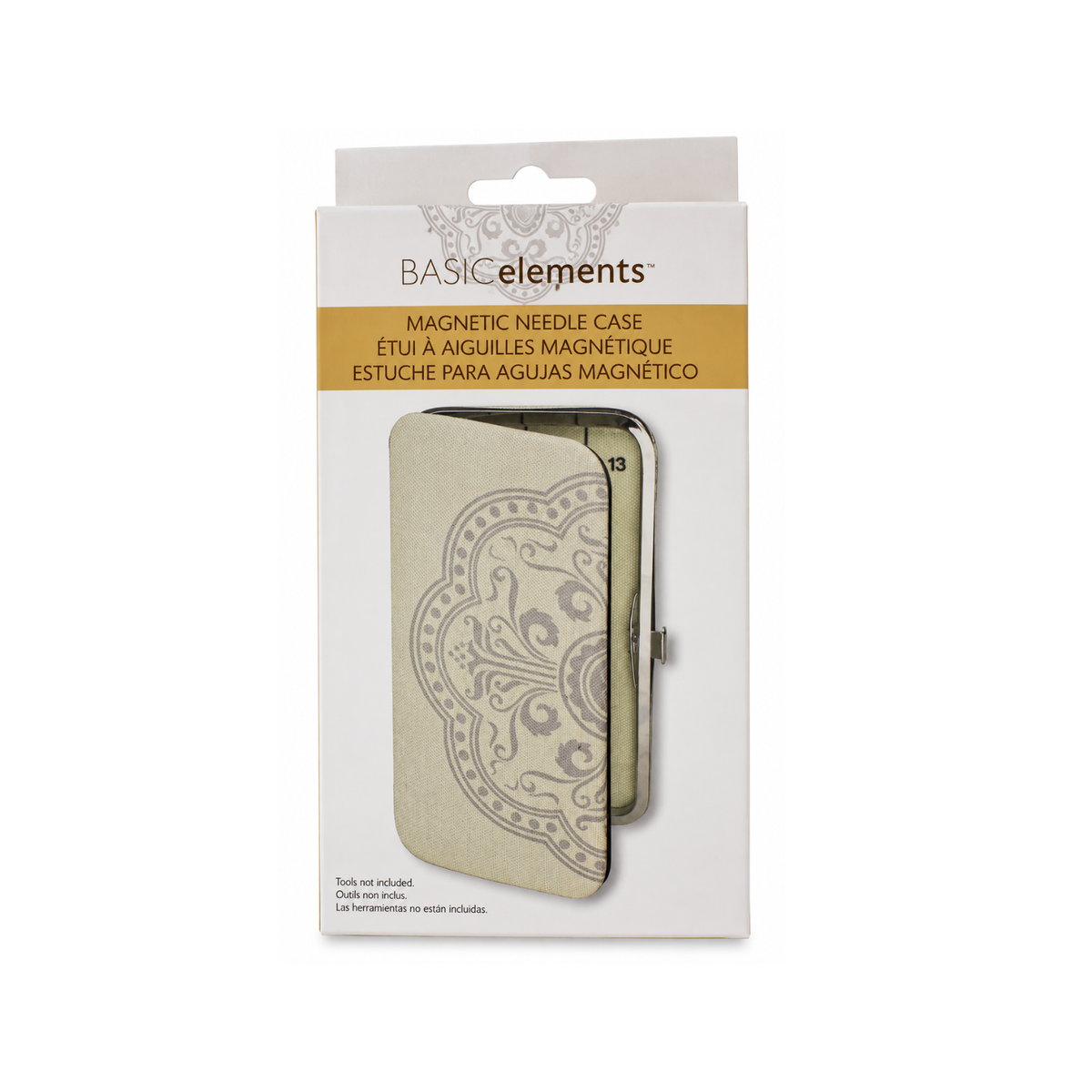 Beadsmith Basic Elements double-sided magnetic needle case in original retail packaging with decorative cream cover and silver clasp