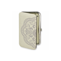 Double-sided magnetic needle case by Beadsmith with cream cushioned exterior, decorative grey pattern and silver metal clasp