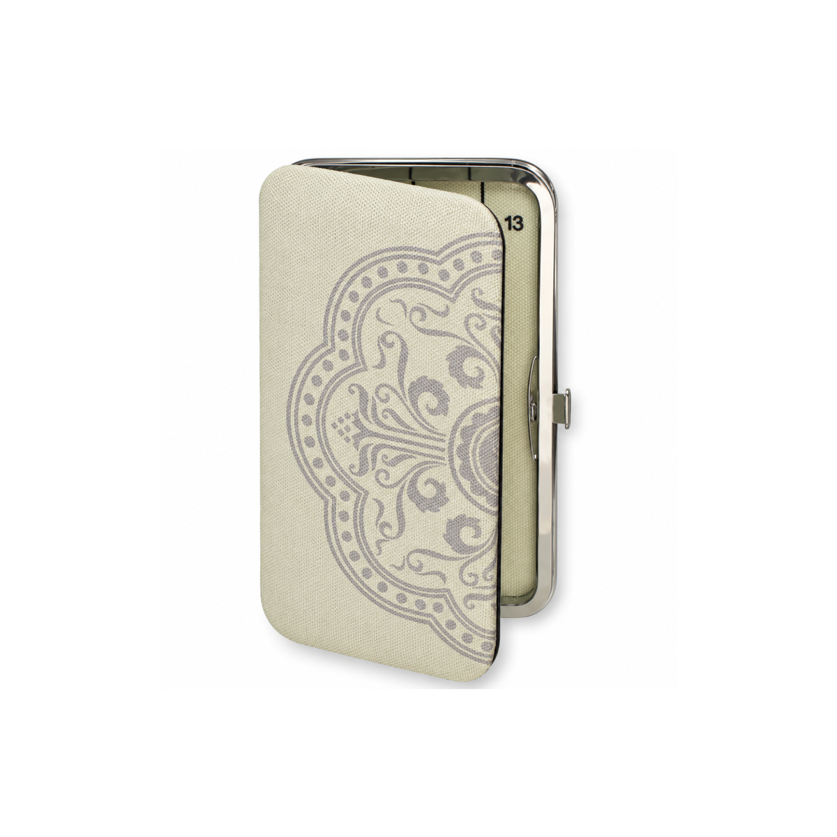 Double-sided magnetic needle case by Beadsmith with cream cushioned exterior, decorative grey pattern and silver metal clasp