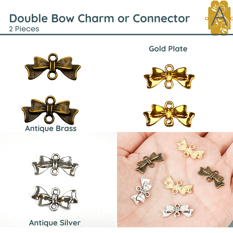 Double Bow Charm, Connector or Link, 3 Colors, 2 Pieces - The Argus Collection