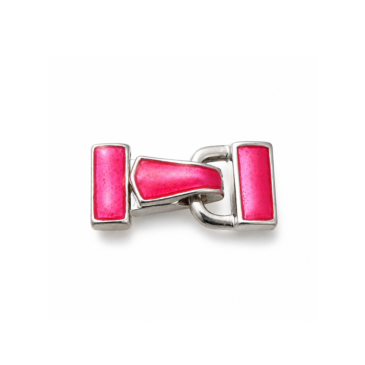 Deep pink enamel fold over clasp with superior platinum-tone rack plated brass finish