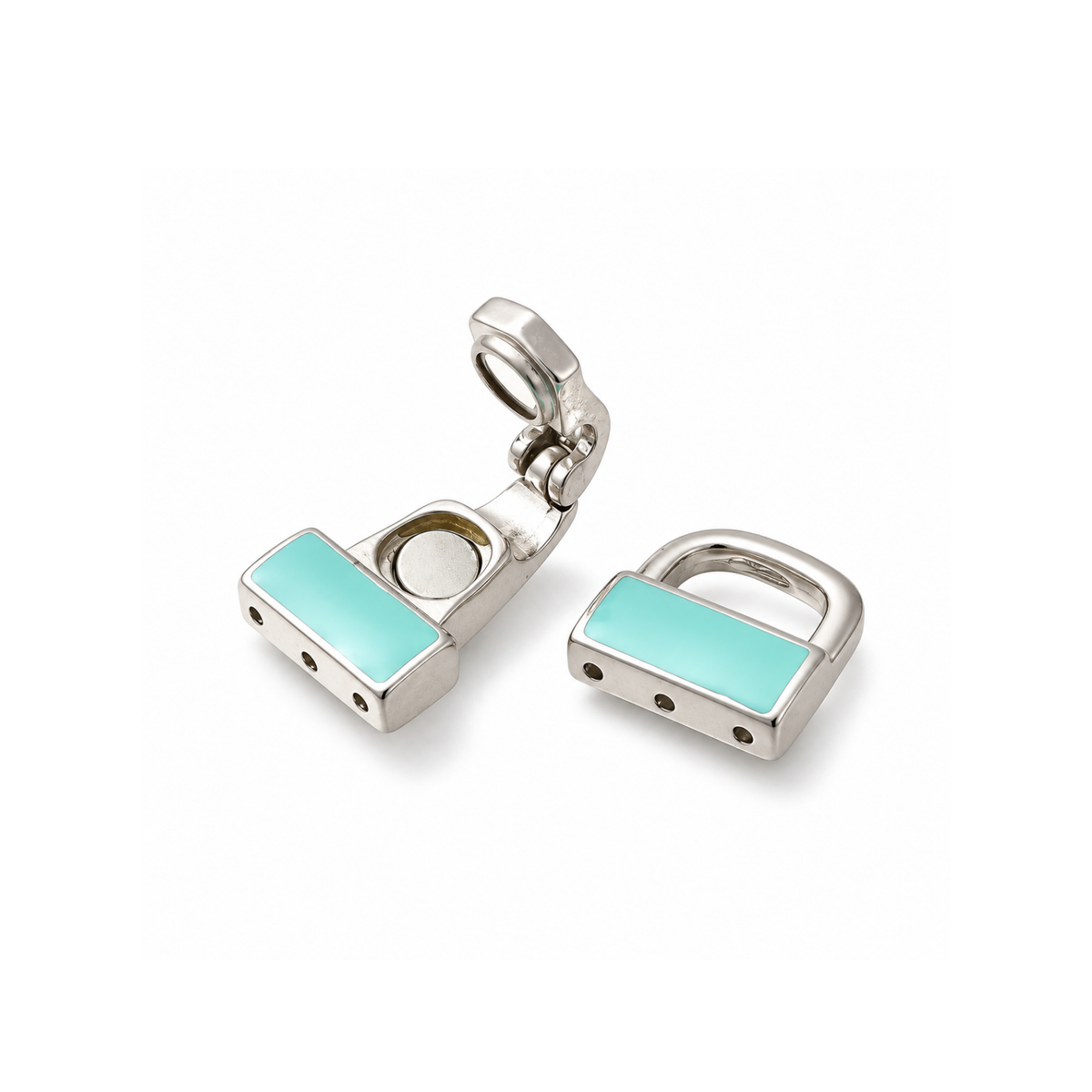 Turquoise enamel fold over clasp shown open with attachment holes and closure mechanism