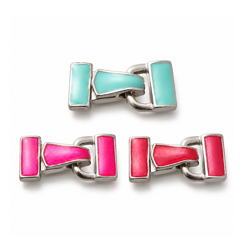 Enamel fold over clasps in turquoise, deep pink and crimson with platinum-tone rack plated brass
