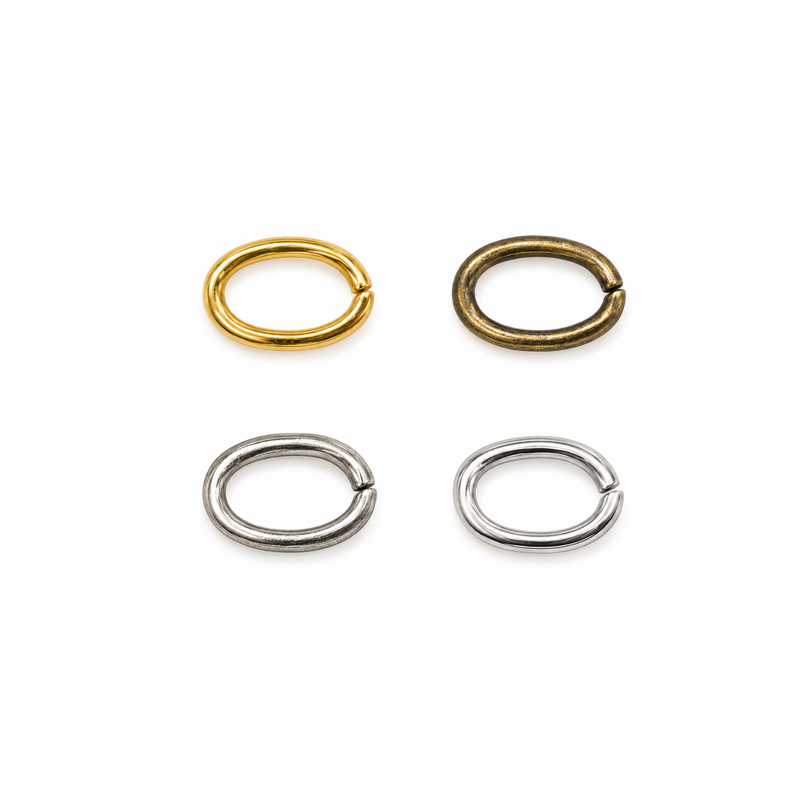 Euro Small Oval Jump Rings, 22 gauge and 4x3mm, in Gold, Antique Brass, Antique Silver and Shiny Silver finishes.