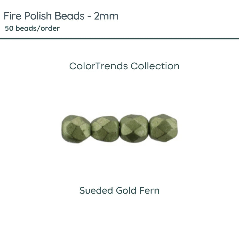 Fire Polish Beads, 2mm, Sueded Gold Fern, 50 pieces - The Argus Collection