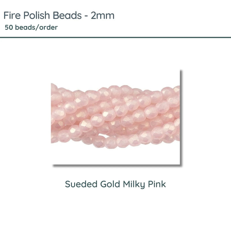 Fire Polish Beads, 2mm, Sueded Gold Milky Pink, 50 pieces - The Argus Collection