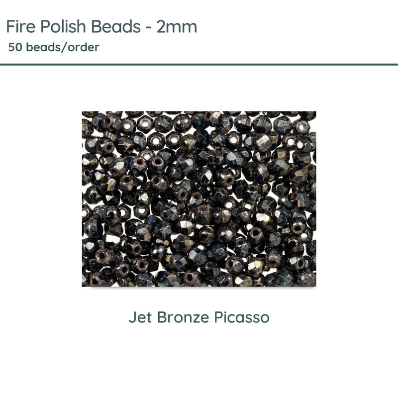 Fire Polish Beads, 2mm, Jet Bronze Picaso, 50 pieces - The Argus Collection